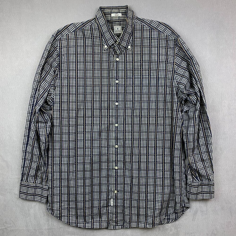 Peter Millar Mens Shirt Large Blue Gold Plaid Button Up Long Sleeve Windowpane